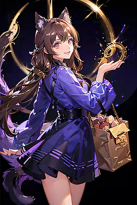 Girl with long brown hair and golden eyes and cat ears and tail, smile, purple clothes, black background, shining eyes