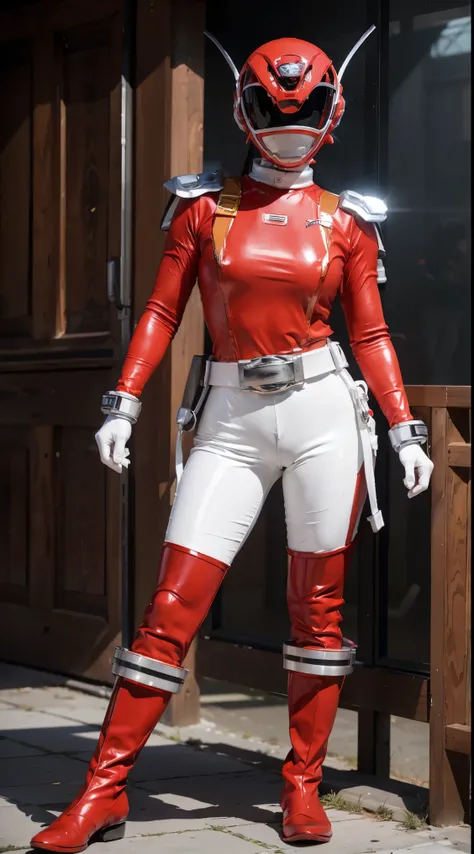 ((power rangers)), One guy、 Red costume, Solo, ((Slim figure)), (Anatomically correct), Cowboy shot, masked face, (Red composite tracksuit), (Well-designed hero set), Suitable for complex production lines, Thin one-piece influencer suit, Long leather glove...