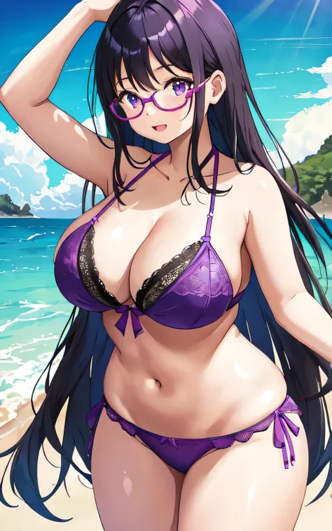 A 6-year-old girl with big breasts, plump body, round, in a purple lace bikini, on the beach, with glasses