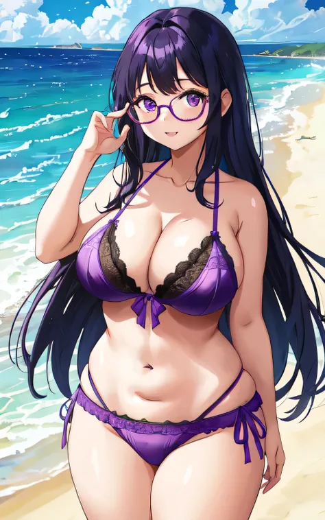 A 6-year-old girl with big breasts, plump body, round, in a purple lace bikini, on the beach, with glasses