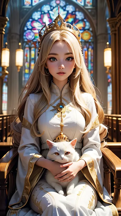 In a grand cathedral, a beautiful young woman sits in the center, wearing a radiant golden crown. She has long blonde hair and large eyes, with a serene expression on her face. She is dressed in a luxurious white robe adorned with gold. A cute gray and whi...