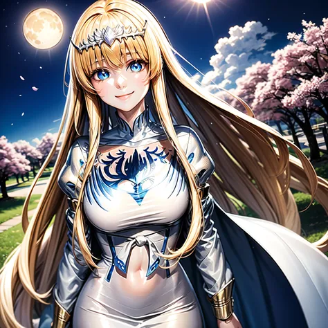 anime,1girl , , cherry blossom and moon, , little smile, , solo, Calca, Calca Bessarez, blonde hair, extremely long hair, very long hair, white tiara, white dress, blue eyes, medium chest