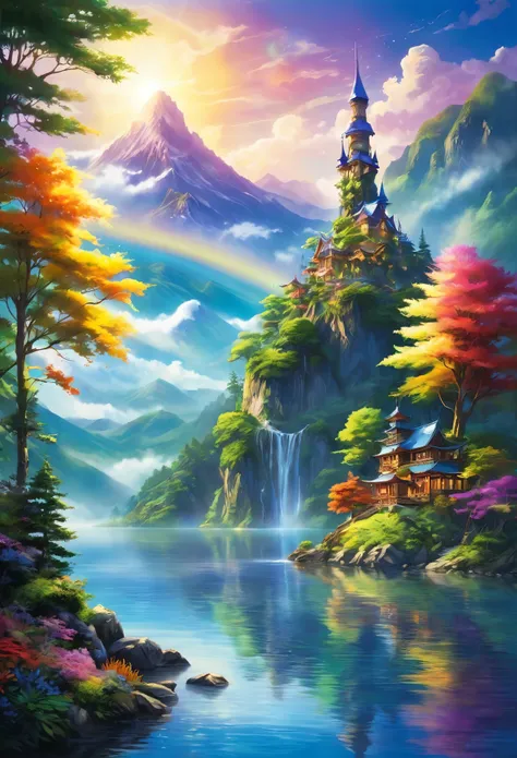 Enchanting Dreamlight Island, A Vision of Beauty. The sunlight dances through a veil of mist., Surrounding mountains々The lake reflects the light and casts a mottled shadow on its surface.. A towering tower of light rises into the sky, The surface reflects ...