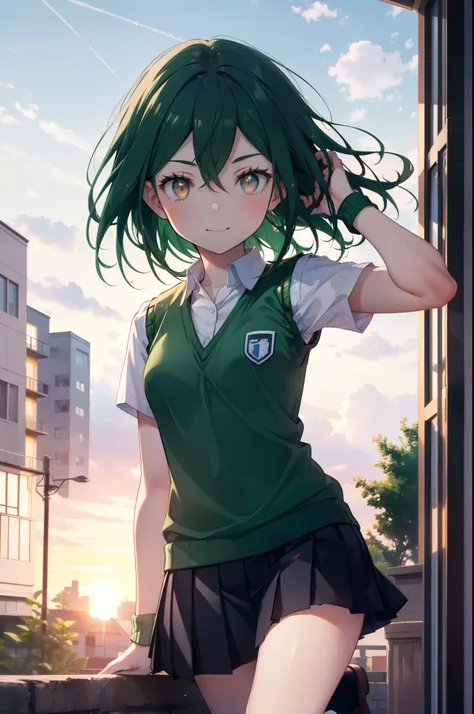 cruschkarsten, crusch karsten, long hair, hair between the eyes, green hair, (brown eyes:1.4),smile,,
armband, white shirt,short...