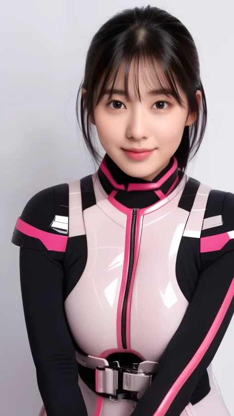 a 25 year old woman wearing a sexy dark pink and white glossy skin-tight hero suit:1.5, highest quality, high resolution, 8k, on...