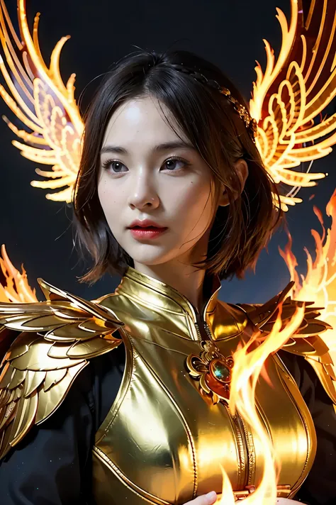 Close-up of a woman with fire and flames on her body., With fiery golden wings. of flame, With fiery golden wings., Grand fantasy art style, concept art | Art Anointing, phoenix warrior, extremely detailed Art Anointing, Grand fantasy digital art style, Fe...
