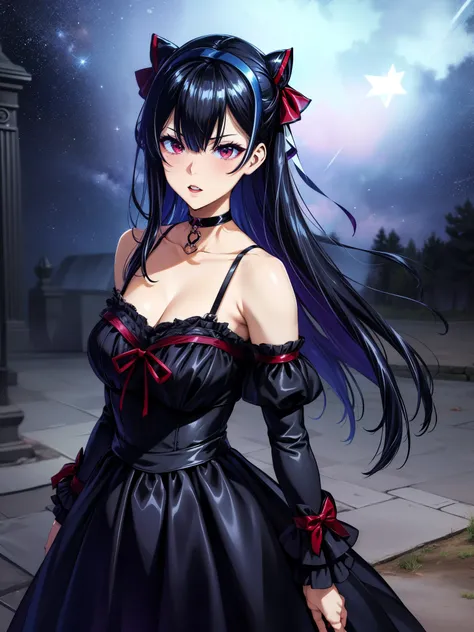 kobato hasegawa, heterochromia, 1girl, red eyes, gothic fashion, gothic hairband, gothic, black dress with white accents, choker, collarbone, ribbon, stars, starry night, best quality, realistic, slender body, stl, detail, adtl,