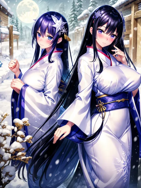 score_9_up, score_8_up, score_7_up, dynamic pose, upper body, close-up, 1girl, yuki-onna, very long hair,  black hair, straight ...