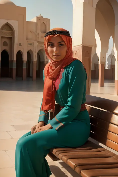 Tetouan, 1936. A young ((((25-year-old)) Sira Quiroga)), beautiful, skinny, at sunrise, sitting in a bench in the train station, ((scared expression)), ((((arab clothings from the 1930s)))), ((hairstyle of the 1930s)), ((colorful)