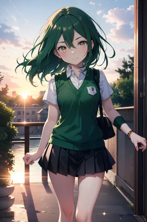 cruschkarsten, crusch karsten, long hair, hair between the eyes, green hair, (brown eyes:1.4),smile,,
armband, white shirt,short...