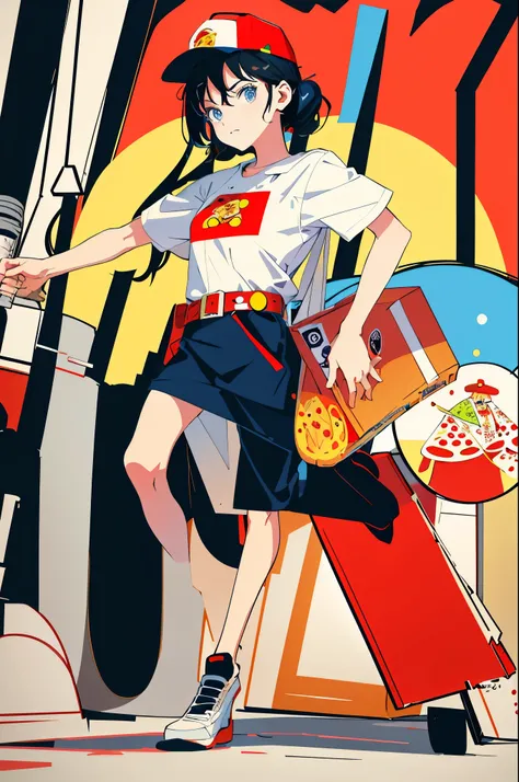 (flat color:1.1),(masterpiece:1.2), original, pizza delivery girl, holding pizza box