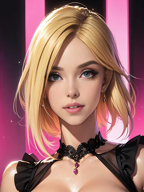 1girl in, solo, Jewelry, blonde hair, necklace, red-lips, short hair, covered eyes, lipstick, makeup, upper-body, closed mouth, black dress,, clavicle, Dress,black theme,bad-girl, large breasts,sparkly skin,(mature female),Chic, Snthwve style, nvinkpunk Cl...