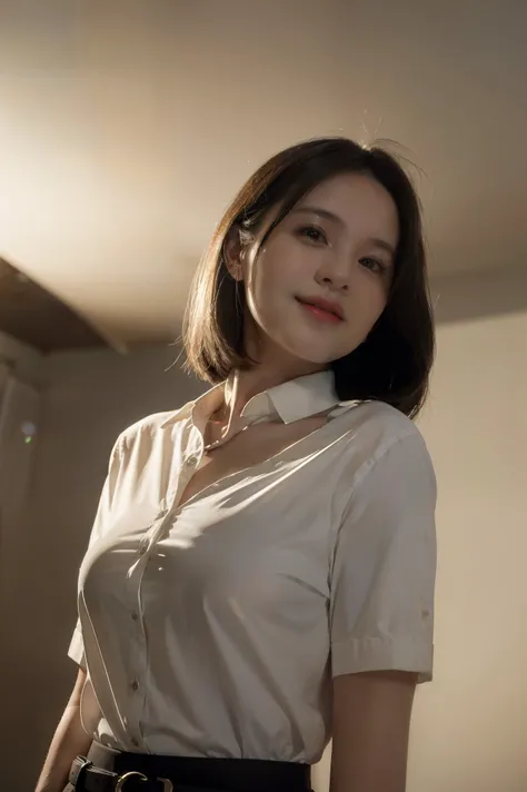 best quality, masterpiece, (photorealistic:1.4), 1girl, light smile, shirt with collars, waist up, dramatic lighting, from below