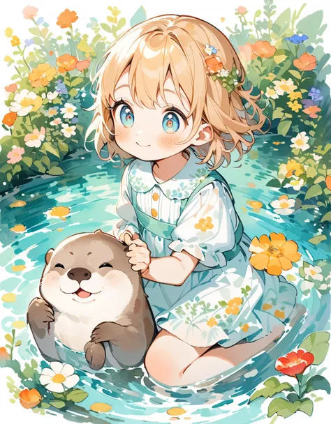 otter, 1匹のコツメotter,((playing by the water)), wood々and flowers々, content:watercolor. style:whimsical and delicate, like an illust...