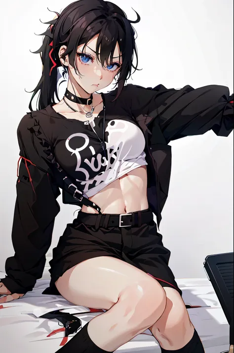 solo, black hair tied in a ponytail, blue eyes, pouting, large chest, pizza restaurant uniform