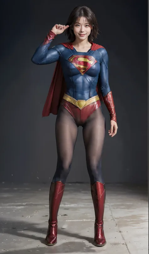 No background、(((Beautiful legs in black tights.)))、(((Legally express the beauty of your smile)))、((((Make the most of your original images)))、(((Supergirl Costume)))、(((ボディにフィットしたSupergirl Costume)))、(((Short beautiful hair)))、(((Smiles and winks)))、(((P...