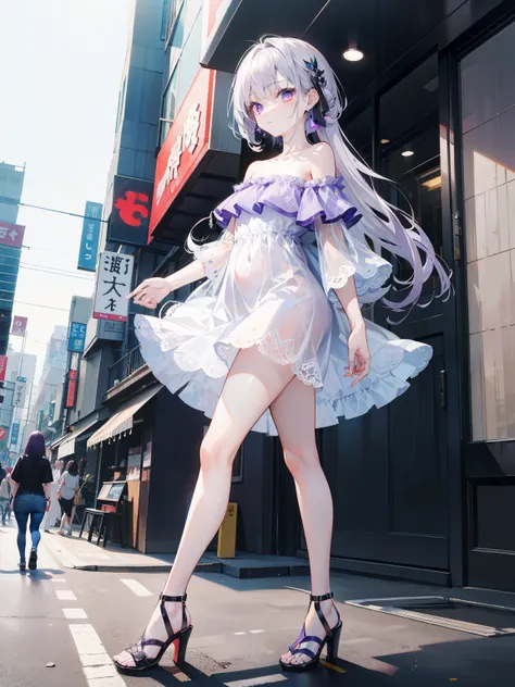 Dynamic posing, dynamic angle,Top quality work，((summer)), Show Legs,8K, photo image, masterpiece,super resolution ,(long silver-purple hair),(purple eyes), Pale light and shadow,  Very bright white background, 1 girl,((denim slim Dresses)),((Strapless Tub...