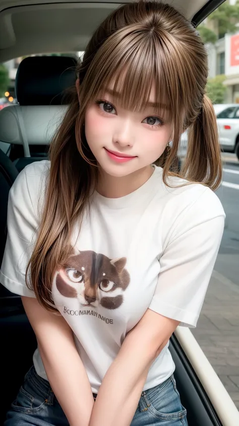 Tabletop、Super cute face、Large Breasts、 Large Breastsの谷間、Good style、Natural Lip、Fair skin、Great light、Beautiful lighting、((Straight hair、ponytail))、Brown Hair、Blunt bangs、Cute T-Shirts、Damaged Denim Shorts、Gorgeous Accessories、In the car、smile、かわいいsmile