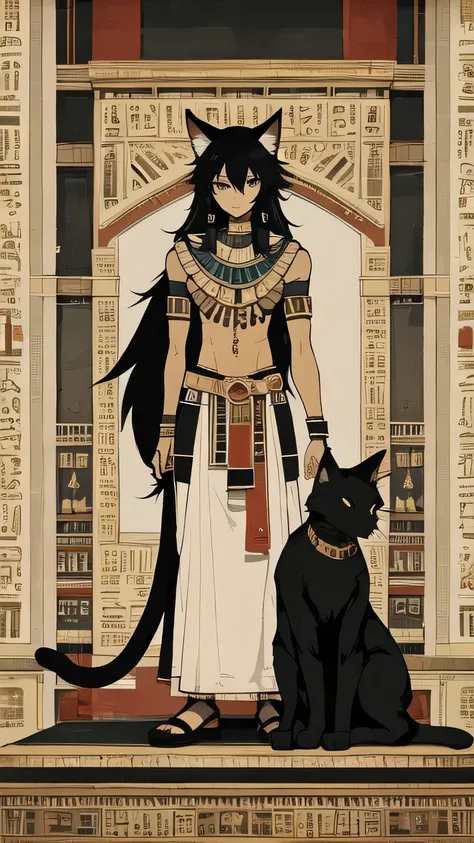 (masterpiece, best quality:1.2), 1 boy, Solitary，mural，Egyptian style，Retro colors，Cool gray tones，Full size photo，Animal characteristics，Cat ear，Tail，Dark art style