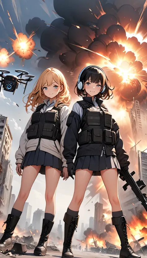 ((high quality)), ((masterpiece)), 8k, Two Girls, Bulletproof vest, light, Highly detailed CG Unity 8k wallpaper, Game CG, View your viewers, gloves, boots, whole body, clock, computer, mask, Drone, Have a weapon, Headphones, Jacket, (Background Destroyed ...