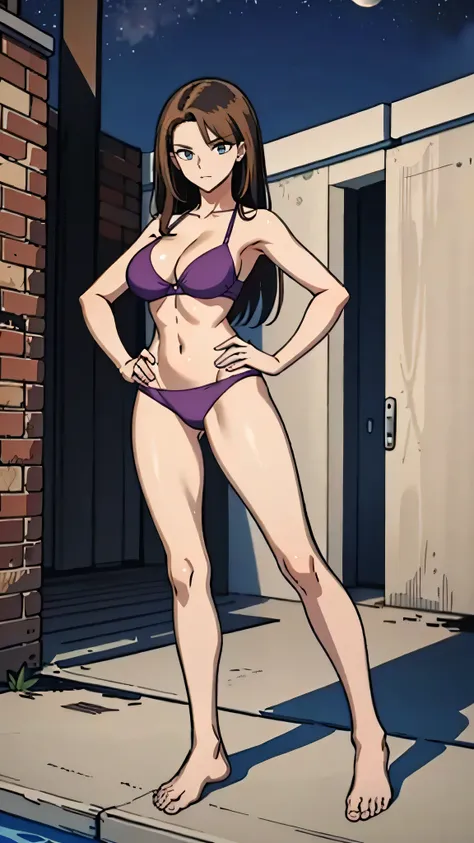 Masterpiece, best quality, Masterpiece, best quality, 1 woman, brown hair , sly face , purple bikini , big breasts , abdomen , Long legs , Put your hands on your hips. , Barefoot , Full body , abandoned factory , nighttime