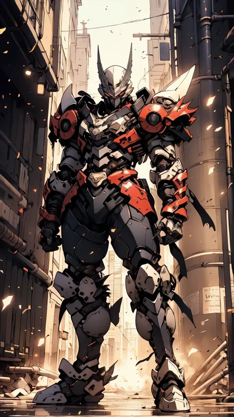 A man wearing a full-face helmet, a fantasy-style biotech armored combat suit, green eyes, (a composite layered chest armor), fully enclosed shoulder guards, matching arm and leg guards, the belt is adorned with fangs biting into orbs, (the color scheme is...