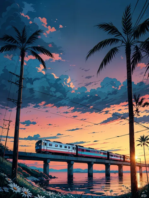 (masterpiece:1), (full anime view:1.5), (train trundles along the coastal tracks:1.6), (lush palm trees sway in harmony:1.3), si...