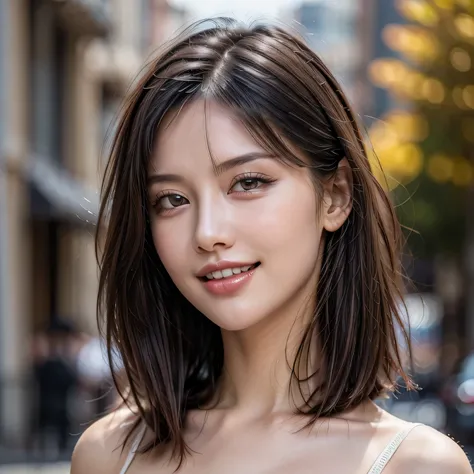 (8k, RAW Photos, highest quality, masterpiece, Realistic, Realistic), (1 female), (Ultimate beauty), Highly detailed face, (Perfect Teeth), Beautiful Eyes, double eyelid, eyelash, smile, Lip details, (Neat brunette bob), The light shines on your face, Big ...
