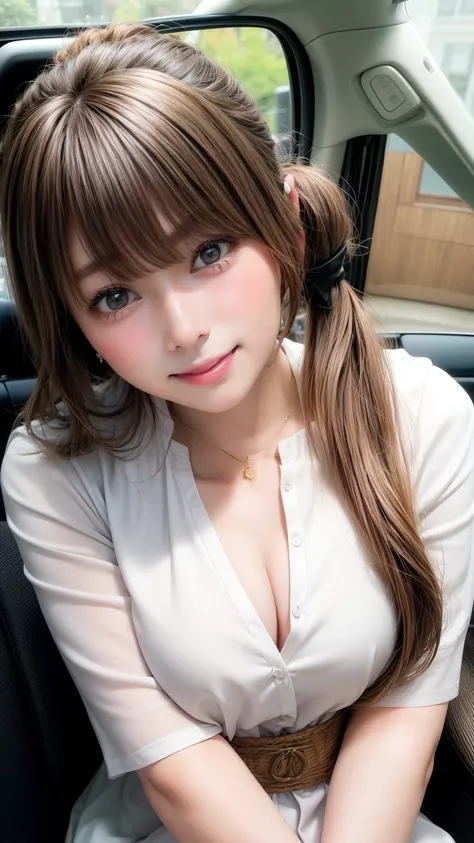 Tabletop、Super cute face、Large Breasts、 Large Breastsの谷間、Cute pose、Natural Lip、Fair skin、Great light、Beautiful lighting、((Straight hair、ponytail))、Brown Hair、Blunt bangs、Satin、Unbuttoned silk shirt、mini skirt、Gorgeous Accessories、In the car、smile、かわいいsmile