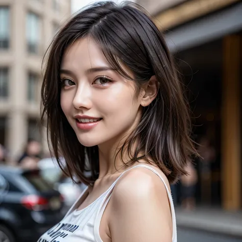 (8k, RAW Photos, highest quality, masterpiece, Realistic, Realistic), (1 female), (Ultimate beauty), Highly detailed face, (Perfect Teeth), Beautiful Eyes, double eyelid, eyelash, smile, Lip details, (Neat brunette bob), The light shines on your face, Big ...