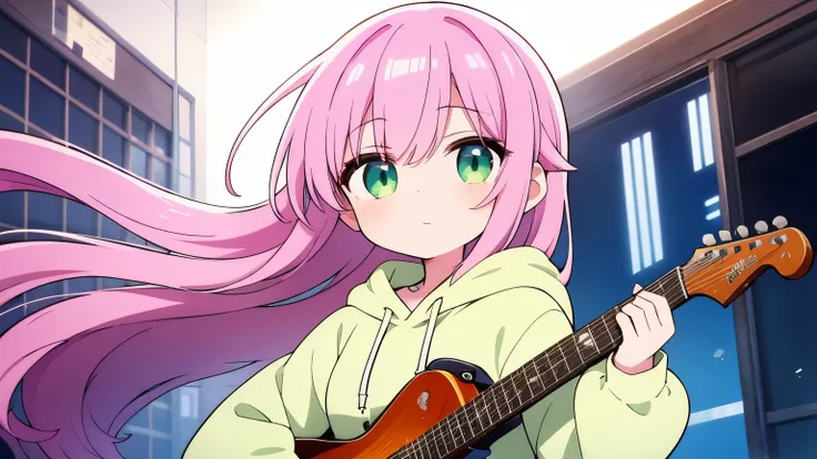 The girl、Wrapped in a pink hoodie、I have earphones plugged into my ears。Her long hair fluttering in the wind、Enjoying the music with a calm expression。the eyes are green、Enjoying music with a guitar。