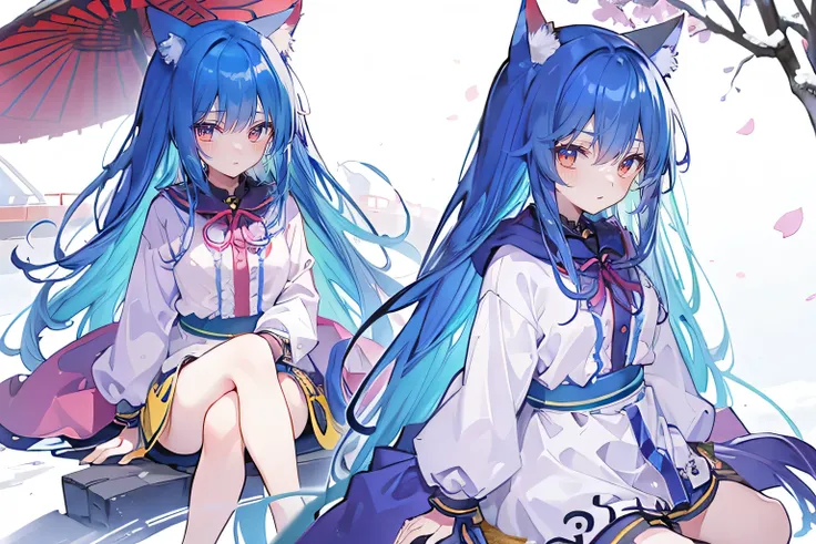 （masterpiece：1.2），Super detailed，lifelike，Expressive eyes，fair skin，perfect face shape，1 girl，
Japanese comics,Gorgeous blue hair,flowing blue hair,flowing clothes,Cat ears,Petals fall,beautiful lola,Baby Angel,sunrise,
Cross your legs，Gentle and peaceful ...