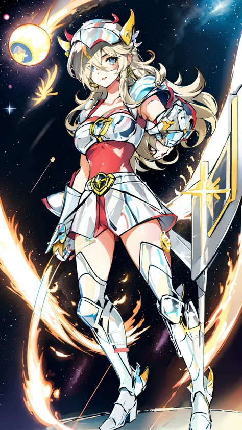 Rosalina wearing pegasus armor from CDZ, Pegasus armor from Saint Seiya, white armor, Rosalina perfect face, perfect pegasus armor, red t shirt under armor, long cleavage, simple pegasus armor, standing and simple pose, hair over one eye, simple background...