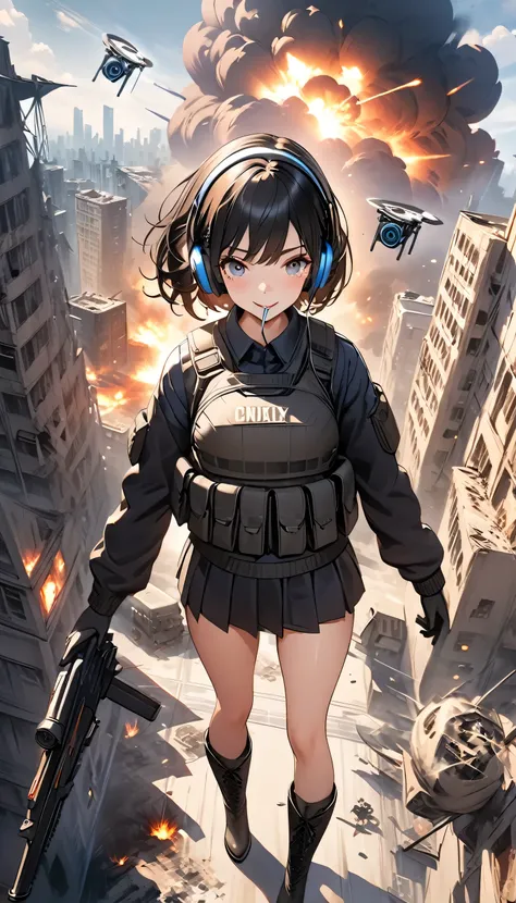 ((high quality)), ((masterpiece)), 8k, Two Girls, Bulletproof vest, light, Highly detailed CG Unity 8k wallpaper, Game CG, View your viewers, gloves, boots, whole body, clock, computer, mask, Drone, Have a weapon, Headphones, Jacket, (Background Destroyed ...