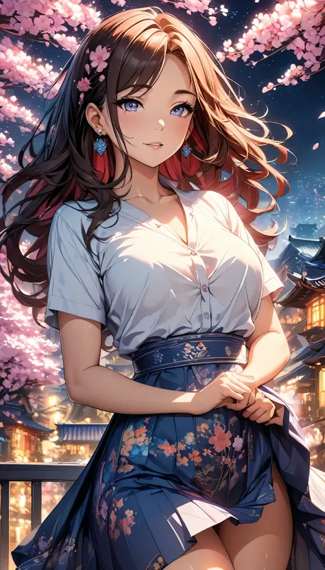 Anime Style, Ultra-fine illustrations, Very detailedな, Dynamic Angle, Beautiful details, 8k, On a Spring Night, Cherry blossom tree illuminated by city lights々is quietly shining. Break A woman stops, I was fascinated by the beautiful scenery, Watching the ...