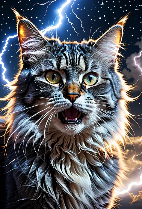 Cat, has lightning fur, is in space, is angry but looks like a loving face, the sky is full of stars, detailed hair, light and shadow, masterpiece, realistic, clear picture,4k , has an aura around,The hair is lightning, has one head.