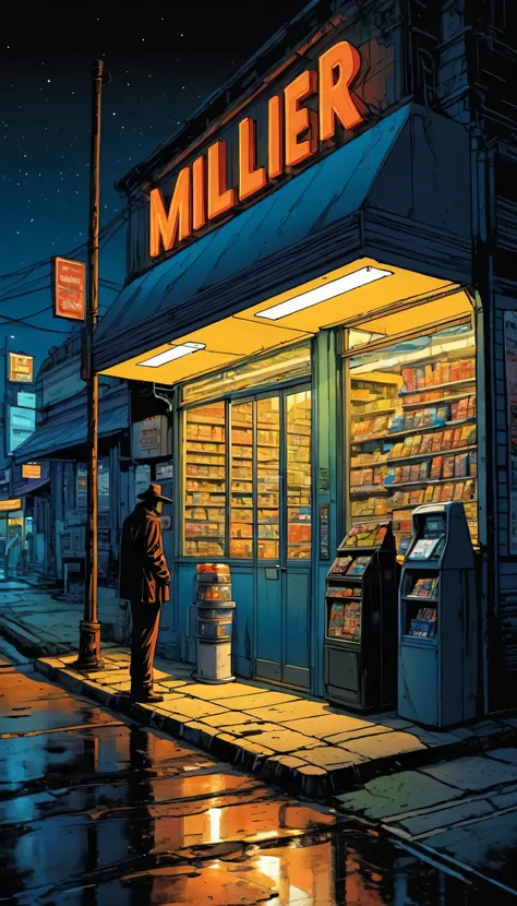 (masterpiece:1.4), (best quality:1.4), (High resolution:1.4), (masterpiece, best quality, High resolution:1.4), dark fantasy, science fiction, Frank Miller comic style, Convenience store on the road，midnight，night，street lamp, science fiction world