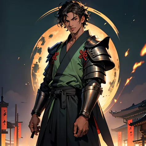 black short hair, dark skin male, Curly hair, bright brown eyes, Eye reflection, samurai armor and dark green yukata, Teenager, Palacio Ambience, Beautiful appearance, Anatomically accurate., Masterpiece, super detaill, High Quality, Best Quality, 8K, one ...