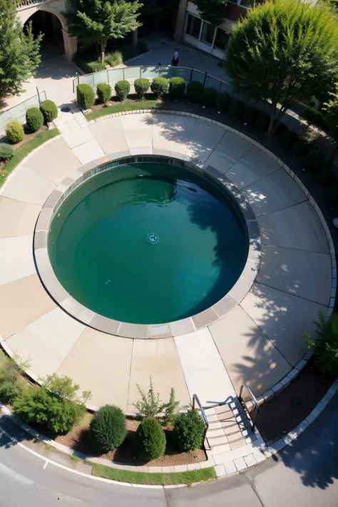 Top view of circular pool in the center of the square，Wide-angle photography