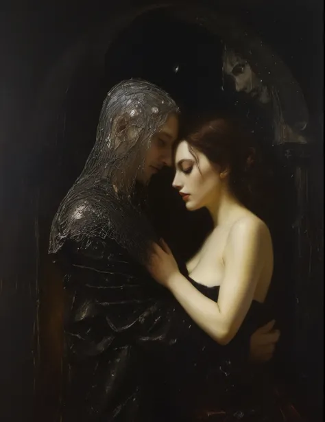 James Gurney, Surrealist art , dream-like, Mysterious, Provocative, symbolic, Complex, detailed,, (Gothic but very beautiful:1.4), (masterpiece, highest quality:1.4) , Nicola Samori Style, Lovers、Couple