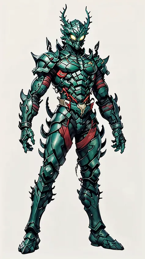 A man wearing a full-face helmet, a fantasy-style biotech armored combat suit, green eyes, (a composite layered chest armor), fully enclosed shoulder guards, matching arm and leg guards, the belt is adorned with dragon claw grasping orbs, (the color scheme...