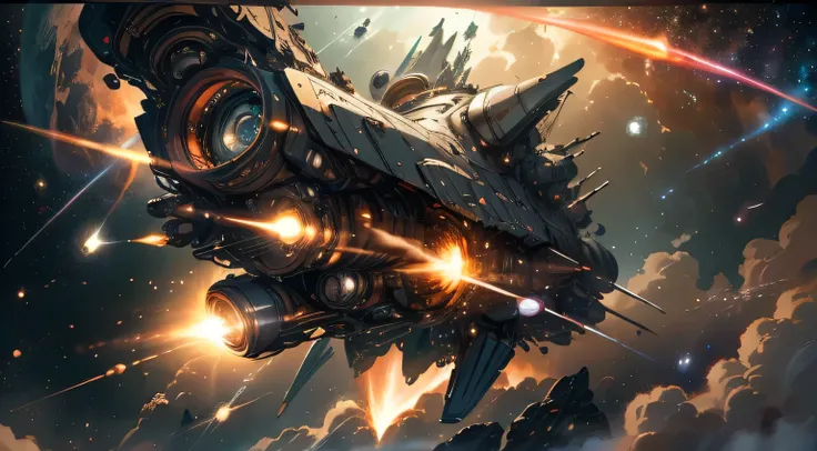 Space background，dark，Stars，galaxy。A streamlined design，Titanium armor，Huge futuristic hypersonic spacecraft flying in outer space, Engine Brilliance，Blue flame，A huge roar，Spacecraft weapons systems，muzzle，missile，Laser transmitter，Space junk，Meteorite sw...