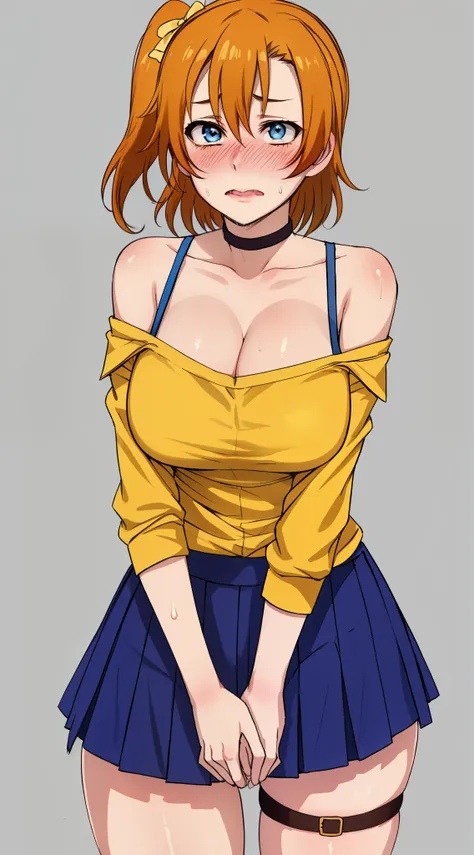 solo, kousaka honoka, blue eyes, breasts, blush, short_hair, bangs, skirt, large_breasts, shirt, cleavage, bare_shoulders, colla...