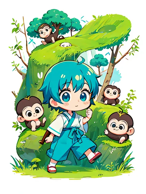 Fujio Akatsuka style, Kawaii Design, Chibi girl monkey, monkey Forest