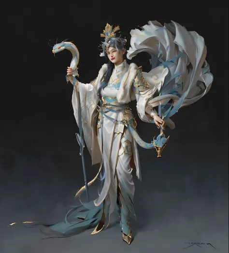 close-up：a woman in costume holding a snake staff, feng zhu concept art, beautiful full body concept art, epic and beautiful cha...