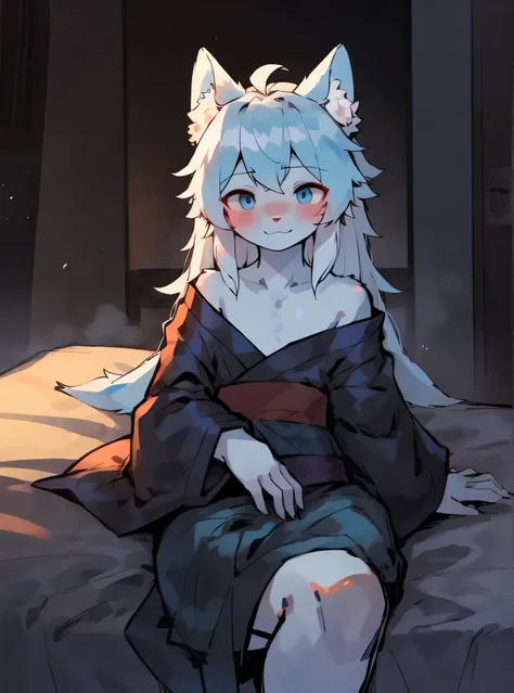 19:32:41 Expires in 13 days
（masterpiece, best quality:1.3), high resolution, Wolf，White hair，The fur on the arms and calves is a gradient sky blue，Sky blue eyes，Sky blue ear hair，Wearing a loose blue kimono，Show your shoulders，Lying in bed，Blushing on the...