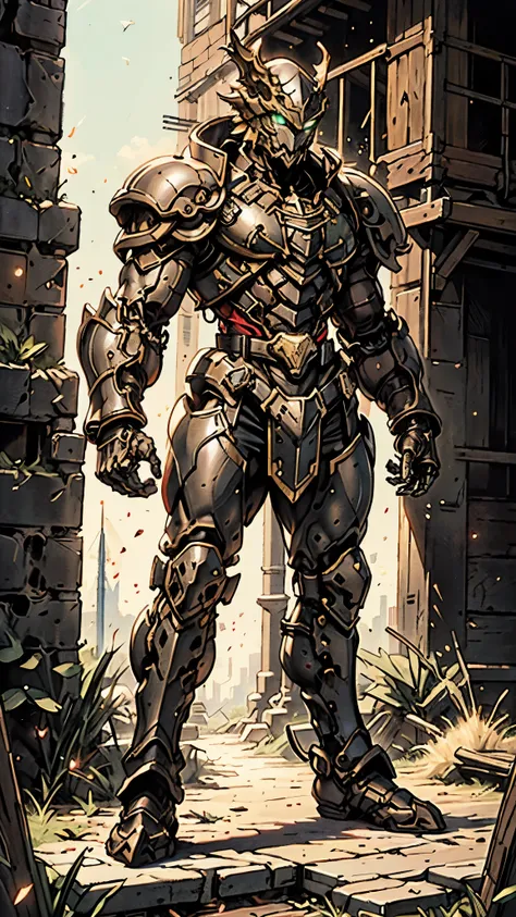 A man wearing a full-face helmet, a fantasy-style biotech armored combat suit, green eyes, (a composite layered chest armor), fully enclosed shoulder guards, matching arm and leg guards, the belt is adorned with dragon claw grasping orbs, (the color scheme...