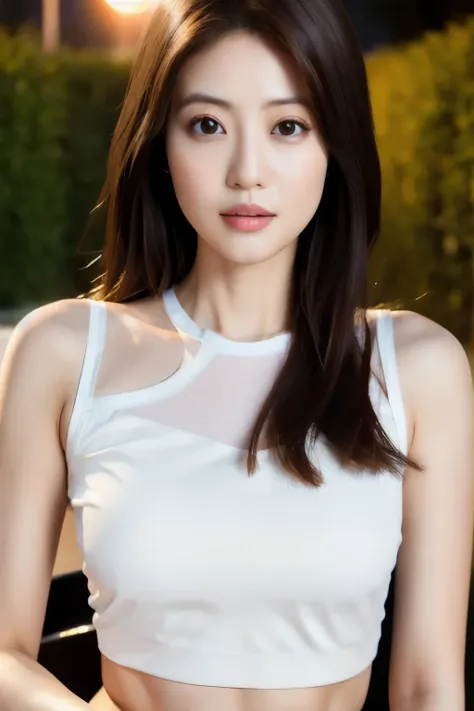 Skinny Japanese woman, 30 years old, ((Realistic lighting, Best quality, 8K, Masterpiece: 1.3)), Clear focus: 1.2, 1girl, Perfect beauty: 1.4, Slim abs: 1.1, ((Dark brown hair)), (White crop top: 1.4), (Outdoor, Night: 1.1), Park view, Super fine face, Fin...