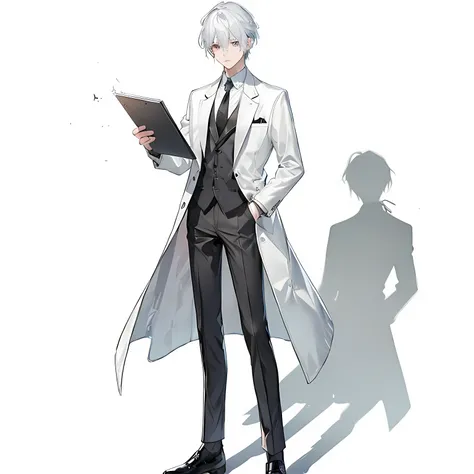 high resolution、high quality、Silver Hair、White、tie、Long-legged man in black leather shoes