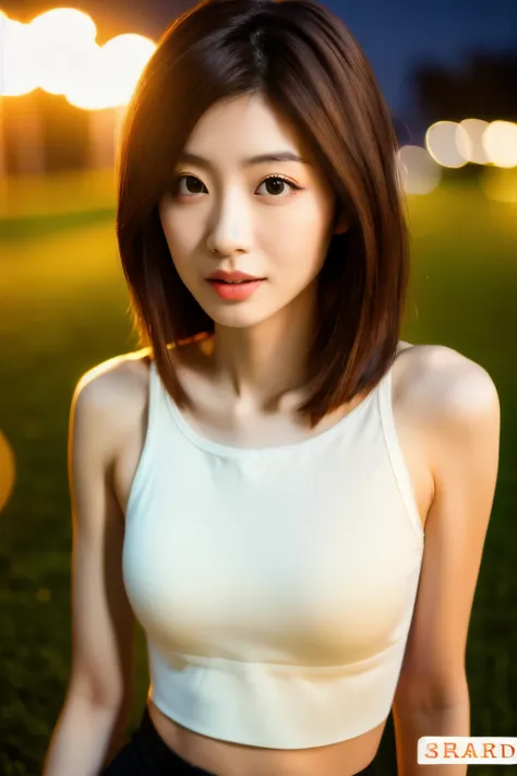 Skinny Japanese woman, 30 years old, ((Realistic lighting, Best quality, 8K, Masterpiece: 1.3)), Clear focus: 1.2, 1girl, Perfect beauty: 1.4, Slim abs: 1.1, ((Dark brown hair)), (White crop top: 1.4), (Outdoor, Night: 1.1), Park view, Super fine face, Fin...